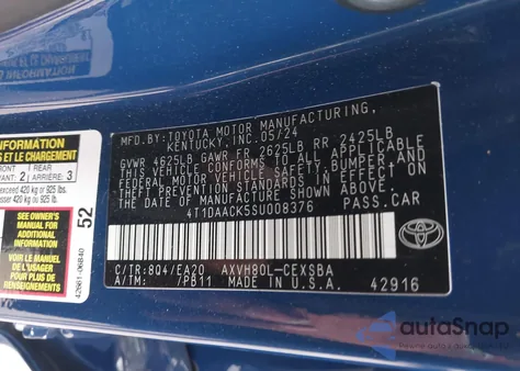 2025 Toyota Camry Se from USA, damaged, VIN 4T1DAACK5SU008376
